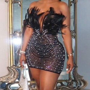 Black Strapless Feather & Rhinestone Mini Dress